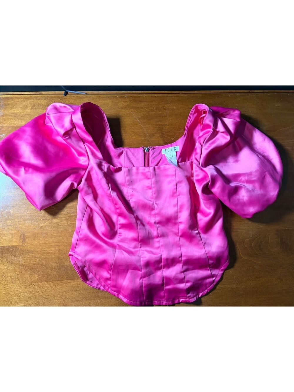 TCEC Hot Pink Satin Corset Puff Sleeve Crop Top Size Medium